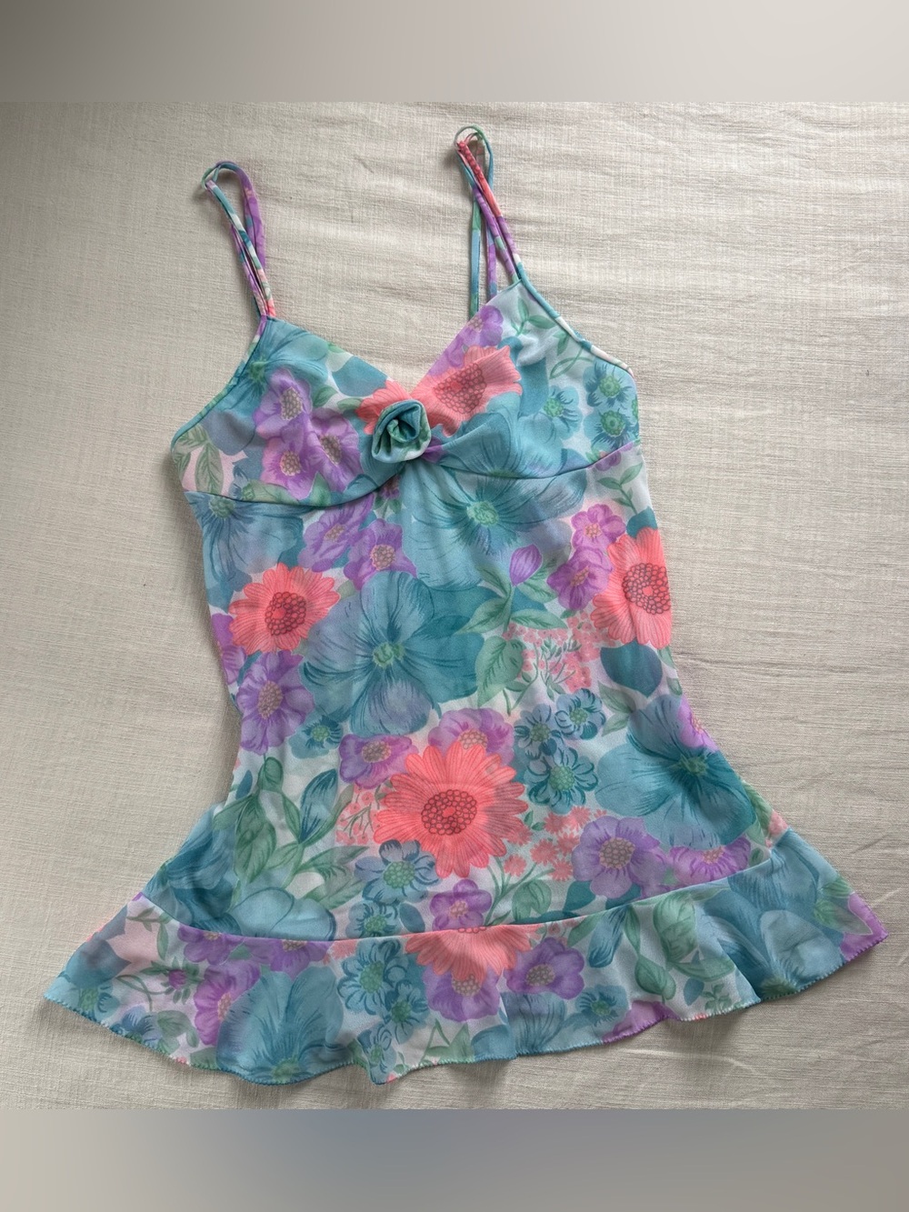 Vintage 70s 80s Sheer Floral Rosette Mini Slip Dress XS S Coral Turquoise Pink
